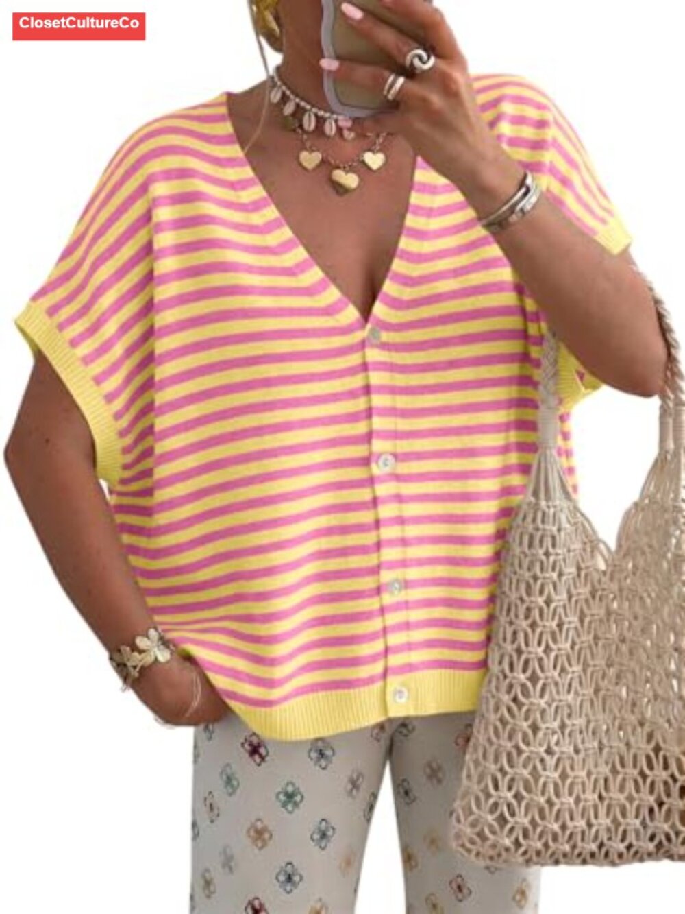 Womens Oversized Striped Short Sleeve Button Down Cardigan Sweater